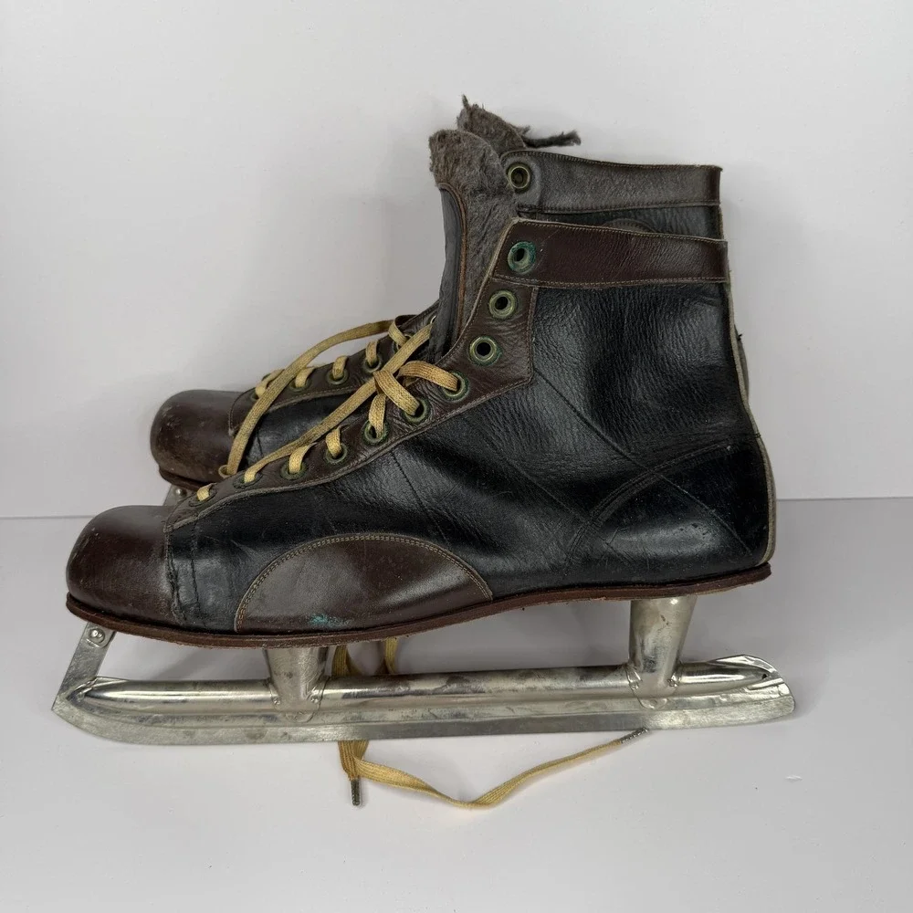 Vintage Starr Mfg REX Ice Skates Size 7.5 Black Brown Leather Canada Senior‎